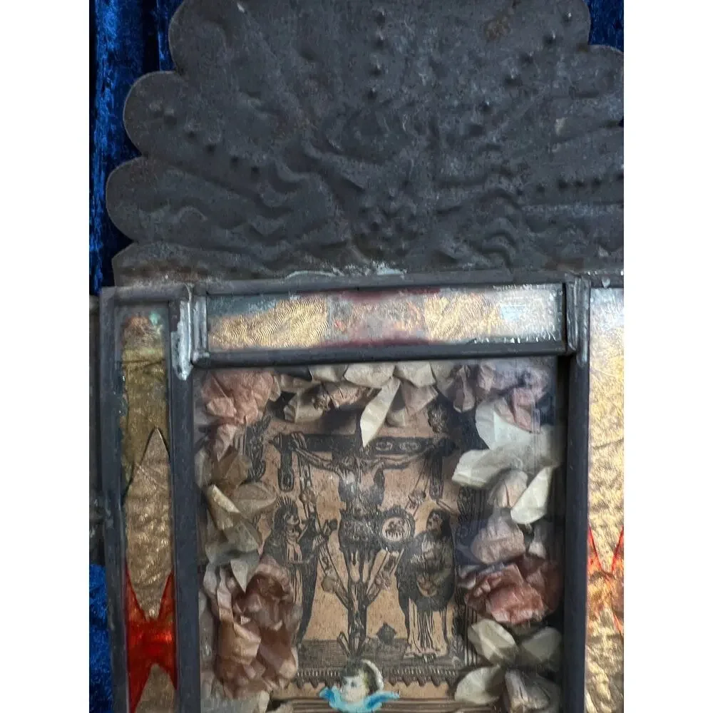Vintage Metal Religious Shadow Box – Crucifixion Dried Flower Folk Art Shrine